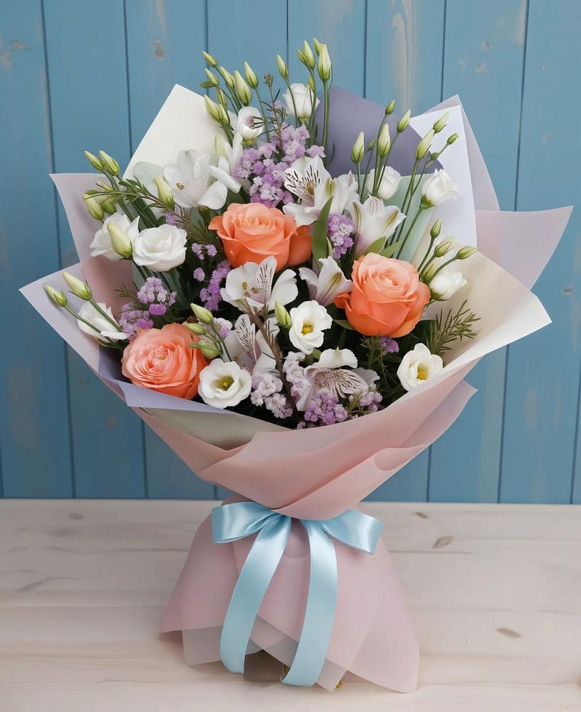 Букет цветов из: Лизиантусы, Розы, Альстромерии и Гипсофила в Журавне